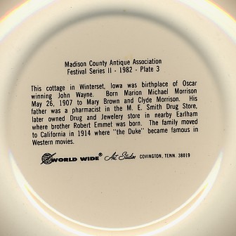 Reverse of John Wayne plate about his birthplace